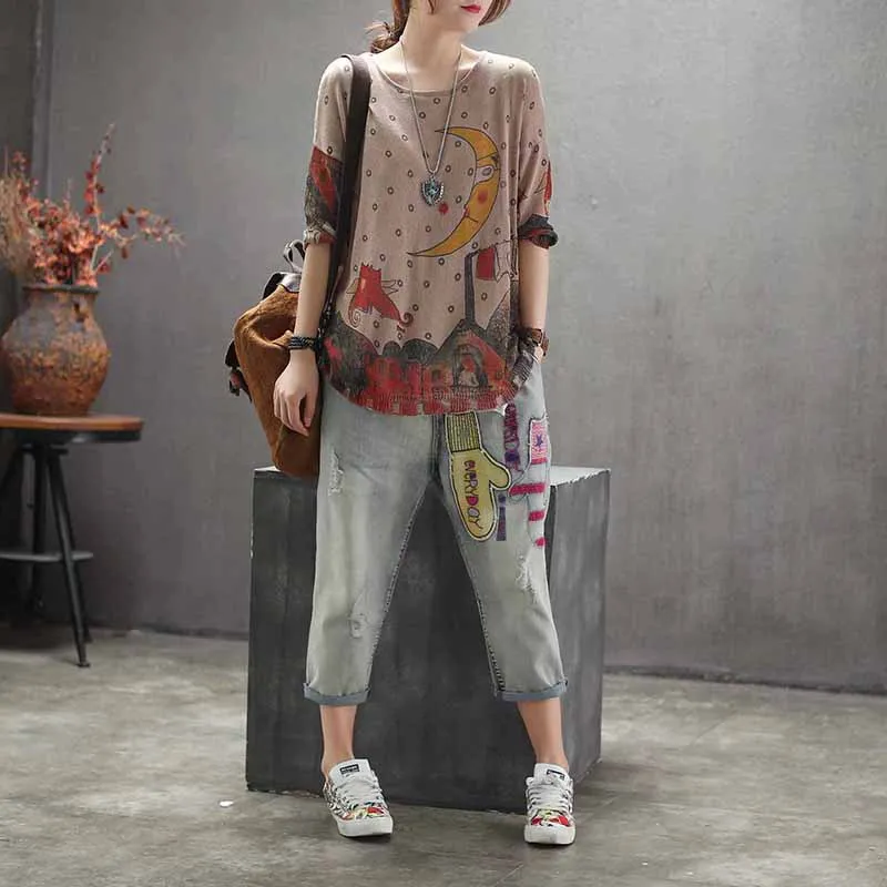 Весна и осень Новый рукав женский свитер мультфильм печати вязать хлопок лен