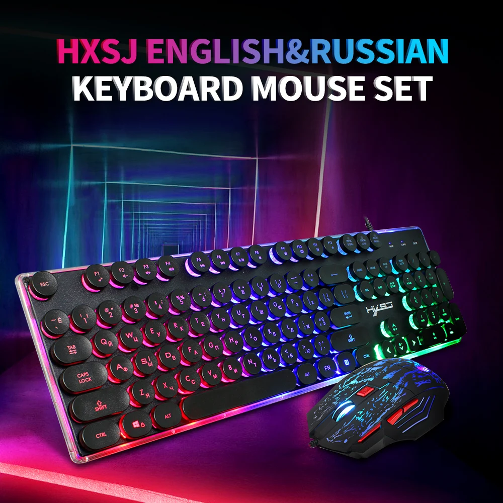 

HXSJ J40 Wired Keyboard Mouse Combo 104 Keys Mixed Light Gaming Keyboard Round Punk Suspension Keycap 7-key Mouse 5-gear DPI