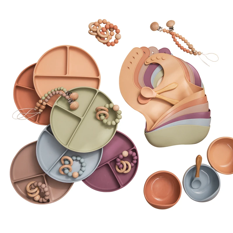 

6PCS Baby Feeding Tableware Food Grade Silicone Bowl Bib Plate Spoon Pacifier Chain Bracelet Silicone Feeding Set BPA Free