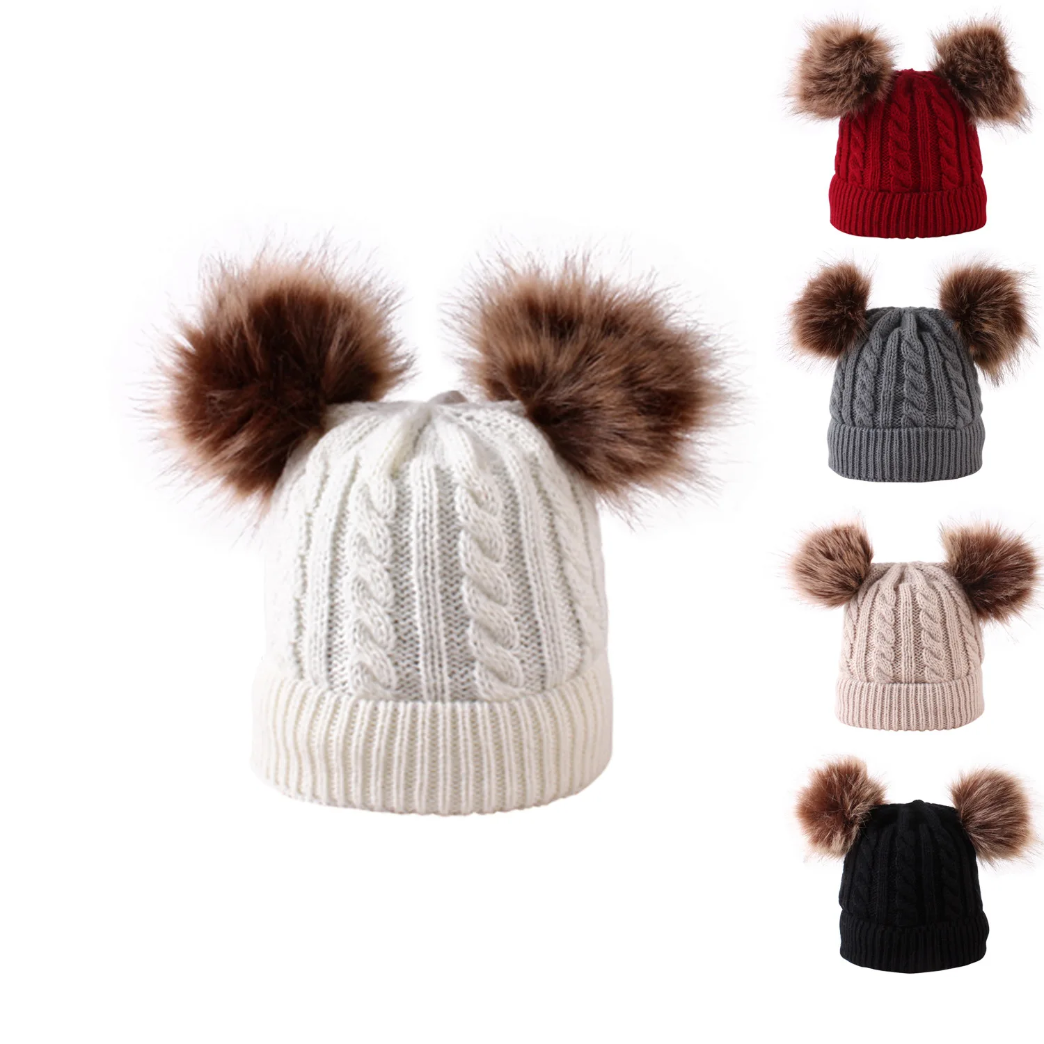

NewWinter Unisex Artificial Plush Pompom Cap Scarf Children Boys Girls Knitted Baby Hats With Pompom Caps Children's Accessories