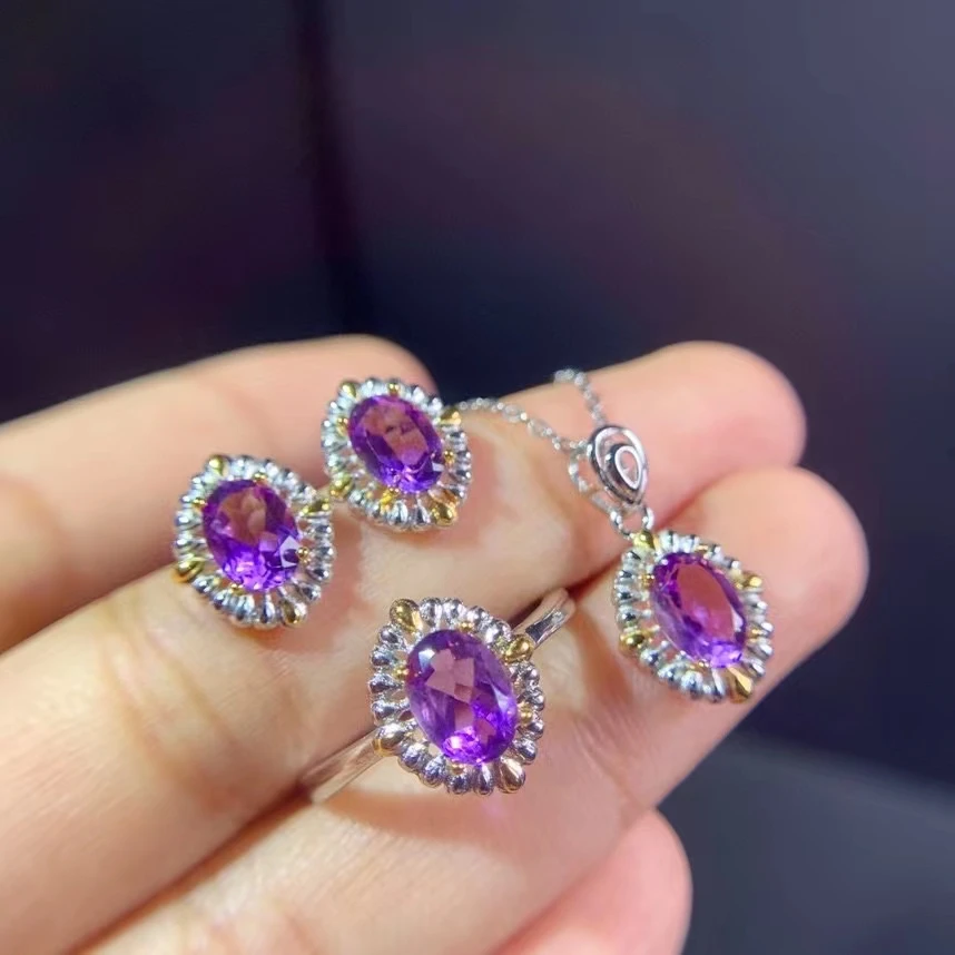 

New Fine Jewelry Natural Amethyst Pendant For Women Ring Stud Earrings Jewelry Set Support Test Real 925 Silver Gold Plated