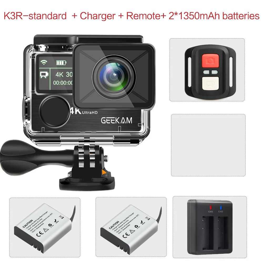 GK-K3R-B Экшн-камера GEEKAM K3R/K3 Ultra HD 4 K/30fps 20MP WiFi 2," 170D с двойным экраном, водонепроницаемая камера для подводного плавания на шлем, велосипедная спортивная видеокамера - Цвет: GK-K3R-B