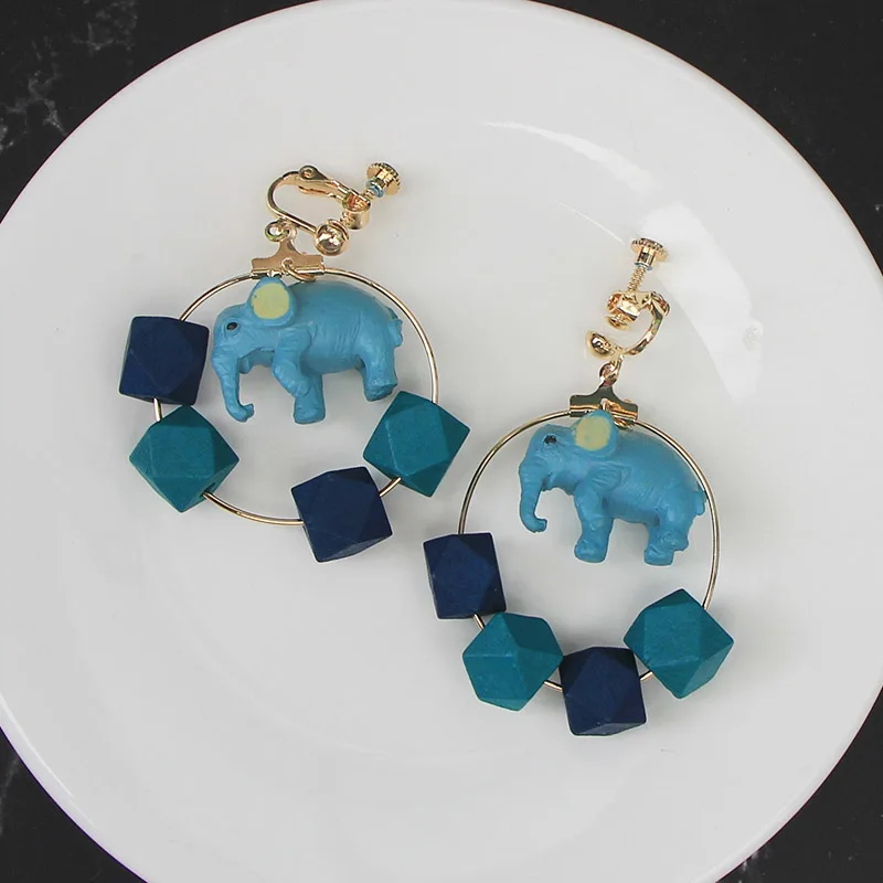 Серьги-клипсы с животным большим кулоном слоником бирюзовыми синими клипсами