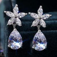 megin d silver plated luxury full zircon waterdrop crystal flower stud earrings for women wedding party couple gift jewelry boho