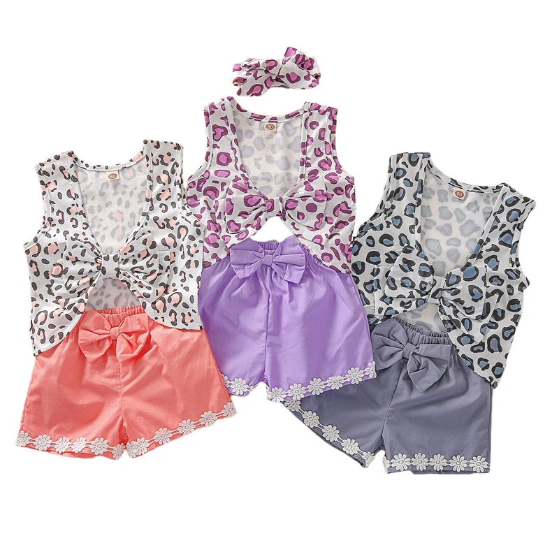 

2021 Fashion Toddler Girls 2PCS Summer Outfits Sleeveless Bow Front Leopard Tank Tops + Shorts Set Baby Girl Outfit Suit