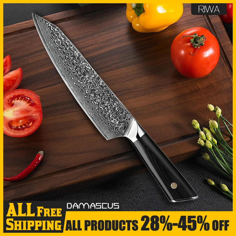 

RIWA 8 Inch Pro Japanese Chef's Nakiri Damascus Steel Kitchen Knife Santoku Meat Cleaver Beef Knife Gift With Cover G10 Handle