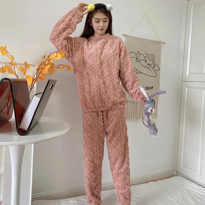 QWEEK Couple's Pajama Blue Gray Pink Warm Women's Pijamas Winter Coral Fleece Pyjamas Solid Color Round Neck Home Suit Nightwear
