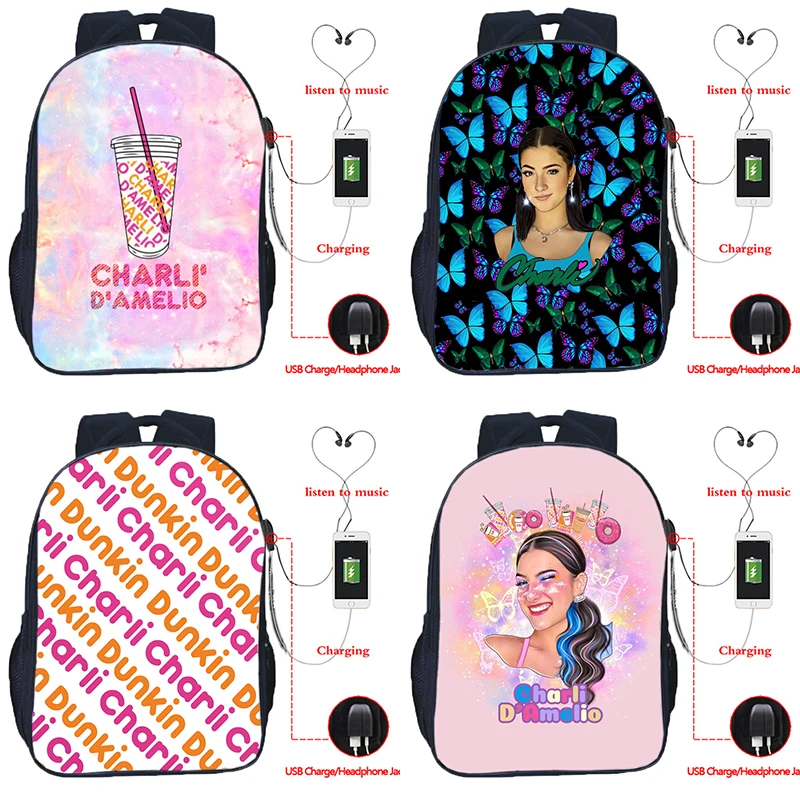 

Students Charli Damelio School Backpacks for Girls Boys Teens Knapsacks Men Women Kids Bagpacks Unisex USB Travel Bags Mochilas