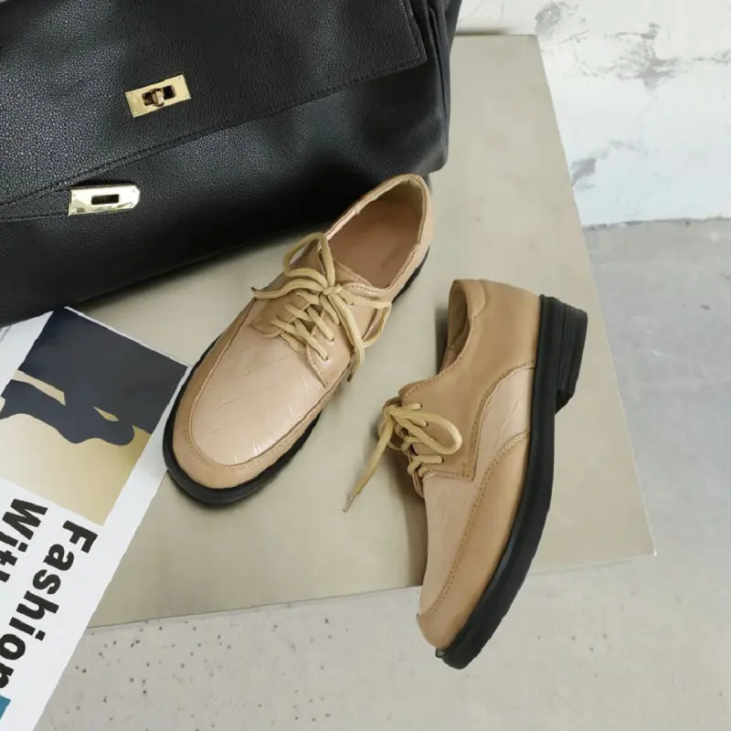 

ZawsThia Spring Autumn PU Round Toe Casual Leisure Lace-up Women's Oxfords Work Flats Thick Sole Green Bround Woman Derby Shoes