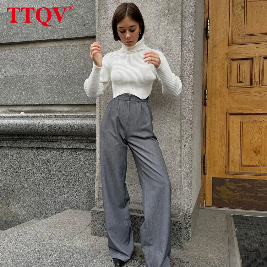 Повседневные свободные серые офисные женские брюки TTQV 2022 модные широкие брюки с высокой талией женские элегантные плиссированные длинные ...