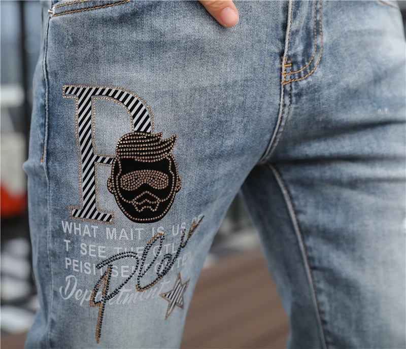 

Men's summer 2021 European new style popular logo small head hot drill fashion sweb celebrityfit BBB1 small foot jeans