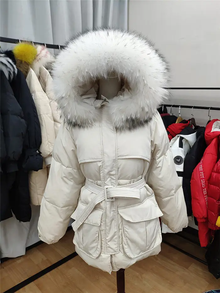 White Down Coat Winter Woman Fashion New Hooded Fur Collar Warm Thicken Cotton Clothing Casual Parkas Belt Overcoat f1401