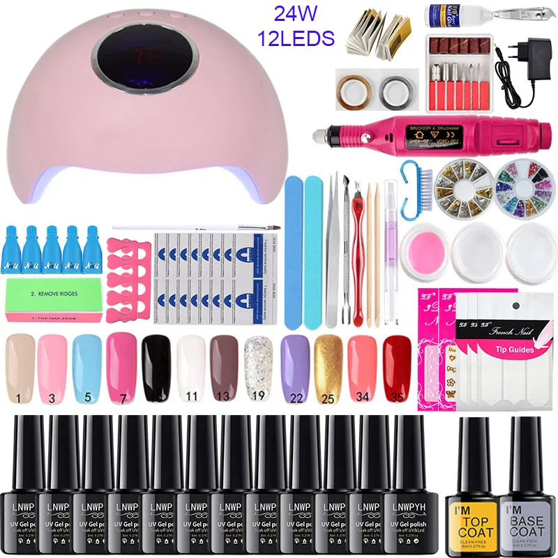 12 color 24w lamp Набор для ногтей, УФ светодиодный светильник для сушки с 12 шт., набор для гель-лака для ногтей, набор инструментов для замачивания, маникюрный набор, электрическая дрель для ногтей, инструменты для дизайна ногтей - Цвет: 12 color 24w lamp