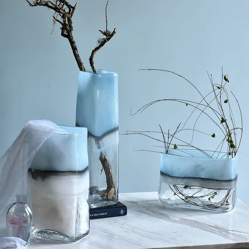 

Modern simple translucent glass vase Hand blown colored square glass vase home decore