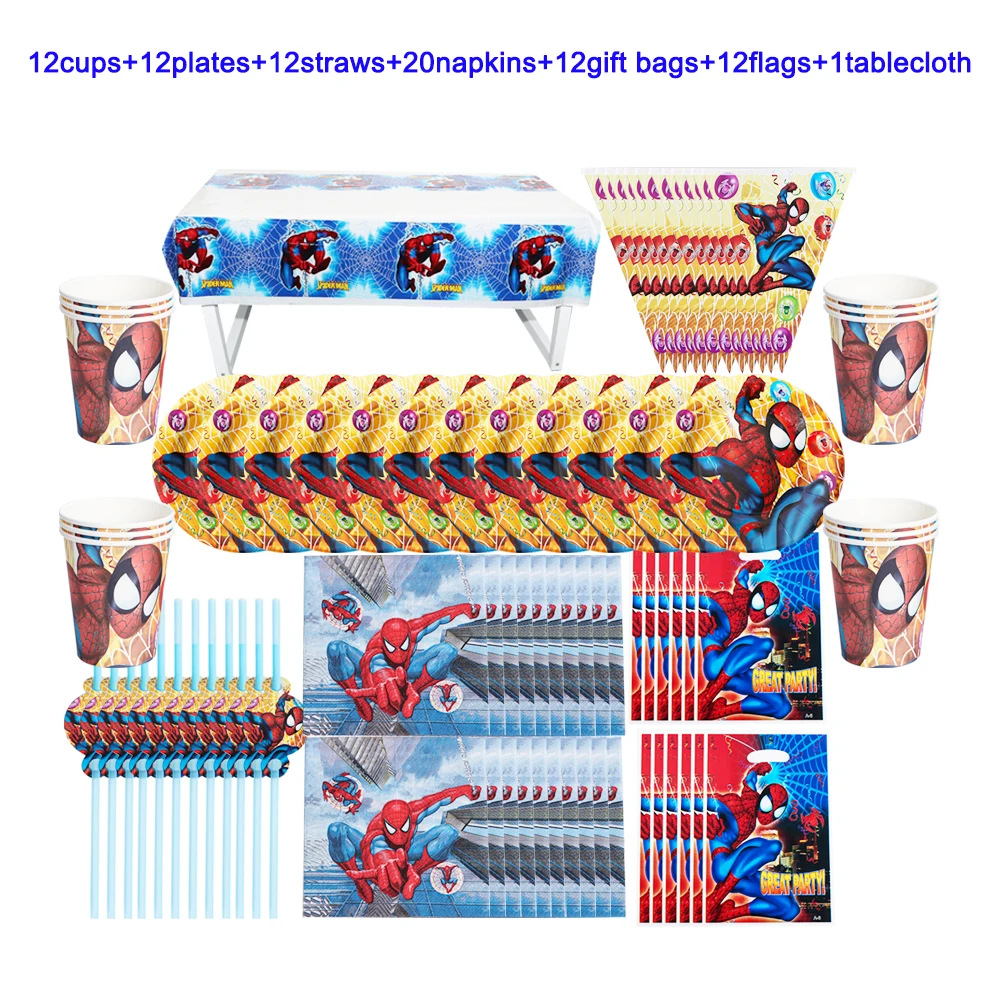

Cartoon Spiderman Disposable Paper Cups Plates Napkins Tablecloth Baby Shower Birthday Party Decoration Boys Like Hot Sale
