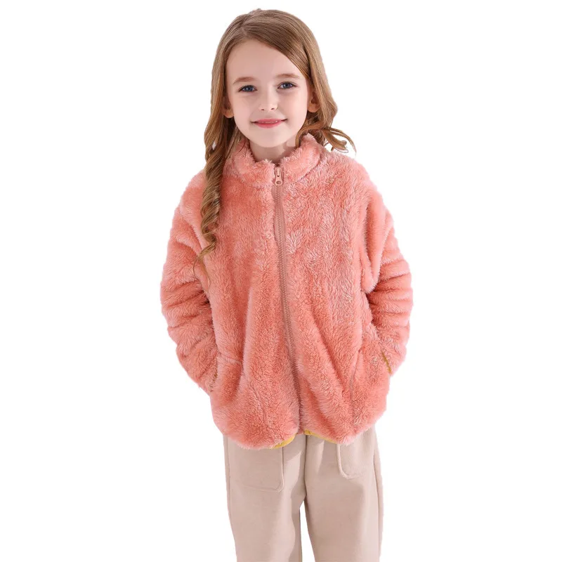

Flannel Coat For Girls Stand Collar Zipper Thicken Warm Jacket For Boy Spring Autumn Velvet Children's Outerwear 1-10Y Clothing