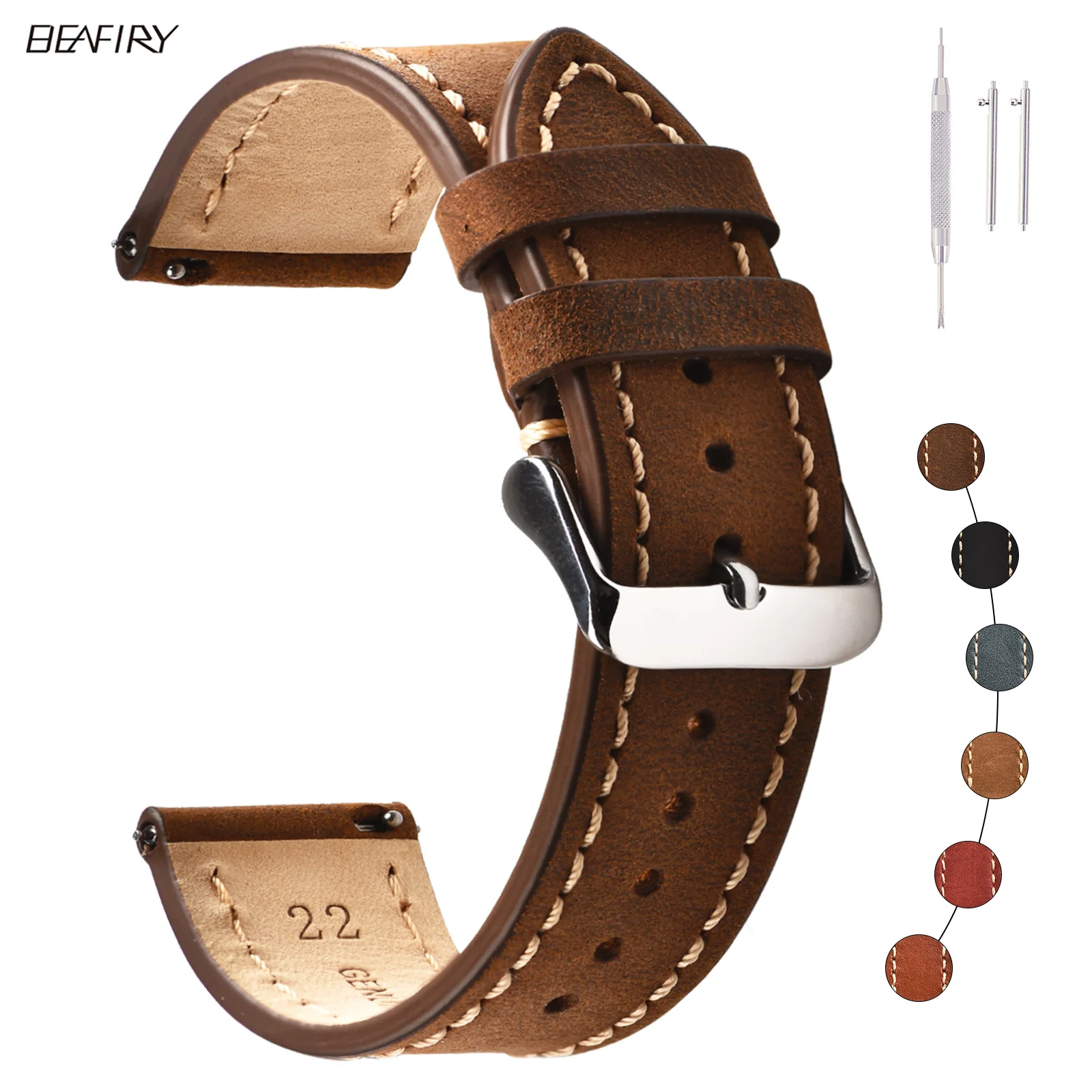 BEAFIRY Quick Release Watch Band 18mm 20mm 22mm Vintage Crazy Horse/calfskin Leather Strap Watchband for huawei fossil Brown