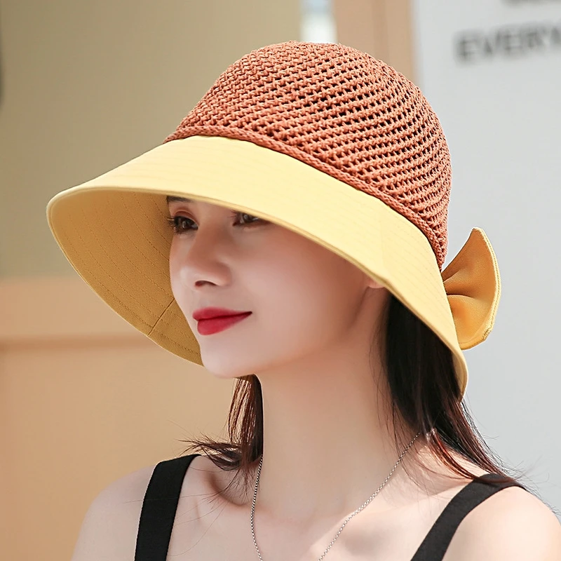 

Summer foldable sunshade hat basin hat bow knot splicing fisherman's hat outdoor Beach Hat sun hat
