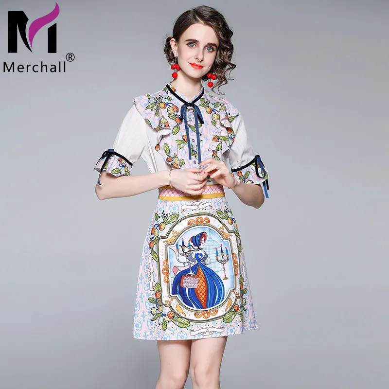 

Merchall Woman Elegant Suit Set Two Piece Sets Floral Print Bow Collar Top + Hight Waist A Line Dress 2021 Summer Holiday M69118