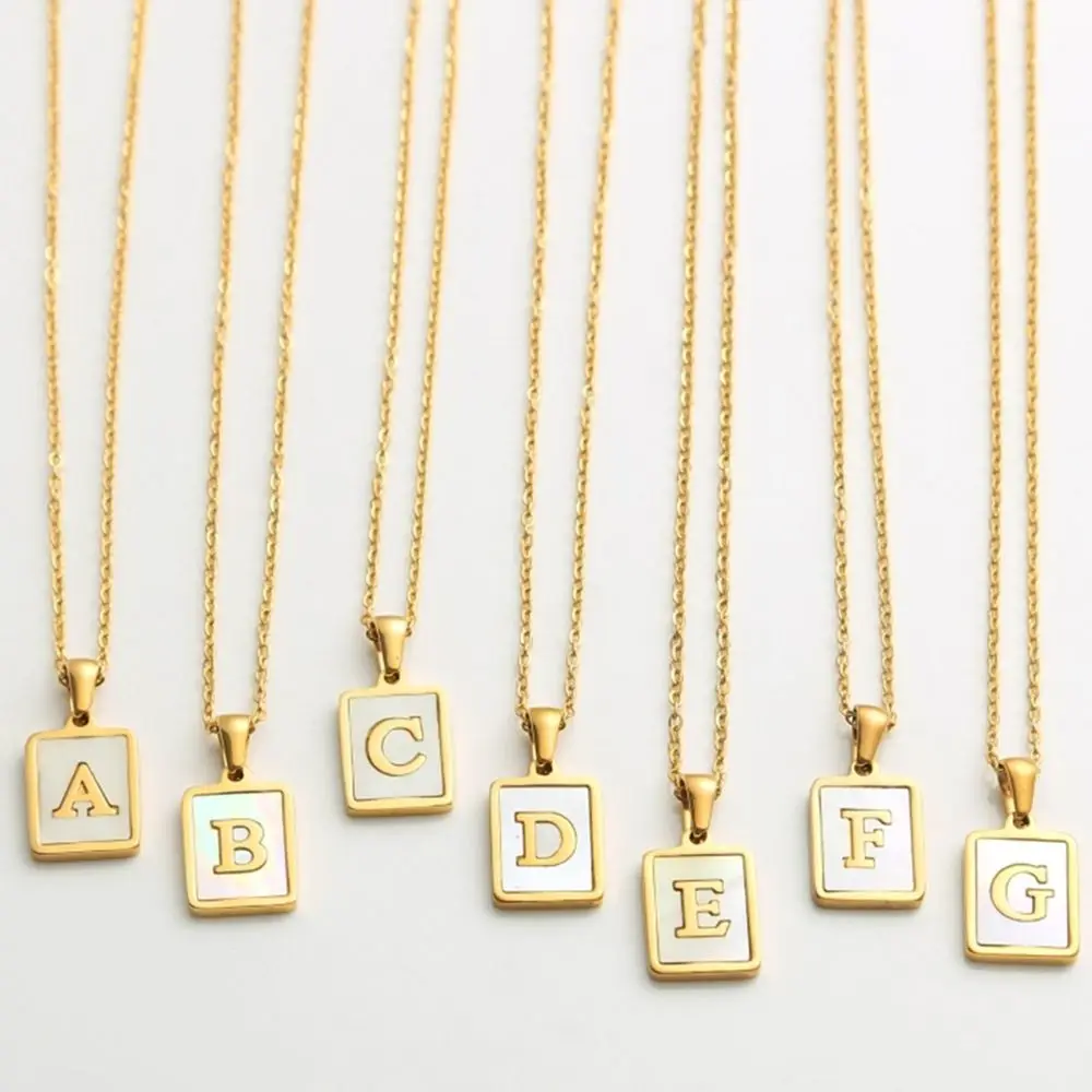 

1PC Golden Chain Necklaces Male Square Natural Shell Initial Letters Pendant Stainless Steel Jewelry for Women Gifts