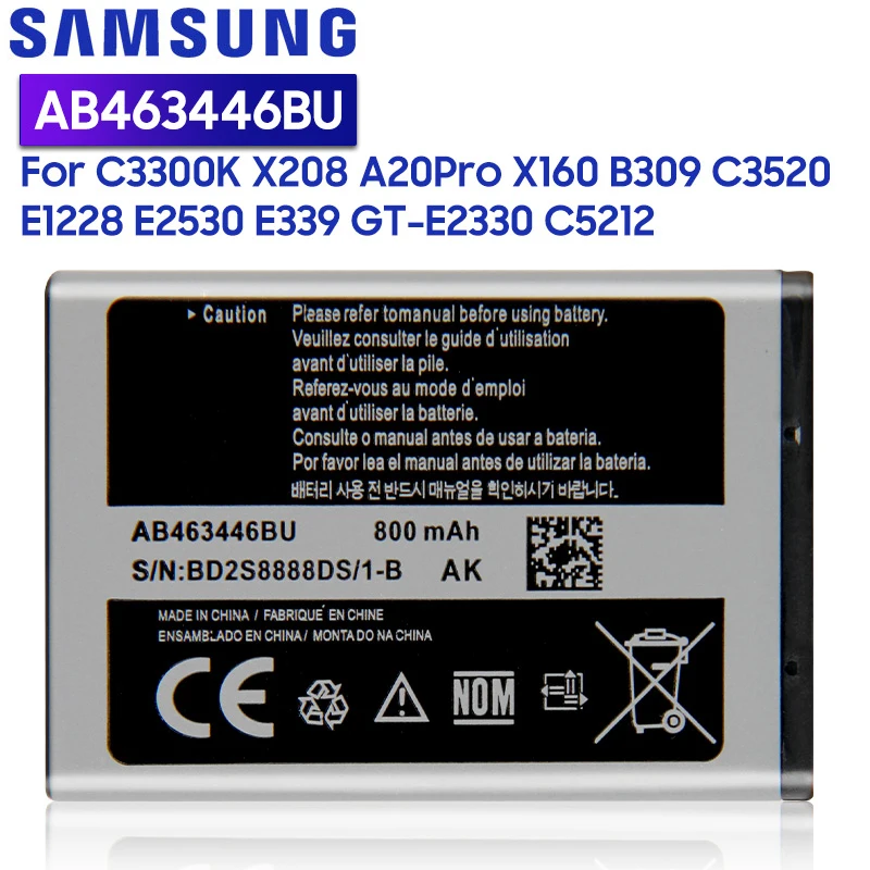 Оригинальный сменный аккумулятор Samsung для C3300K X208 F299 E2330C E329i B189 C408 E1190 SCH E339 AB463446BU