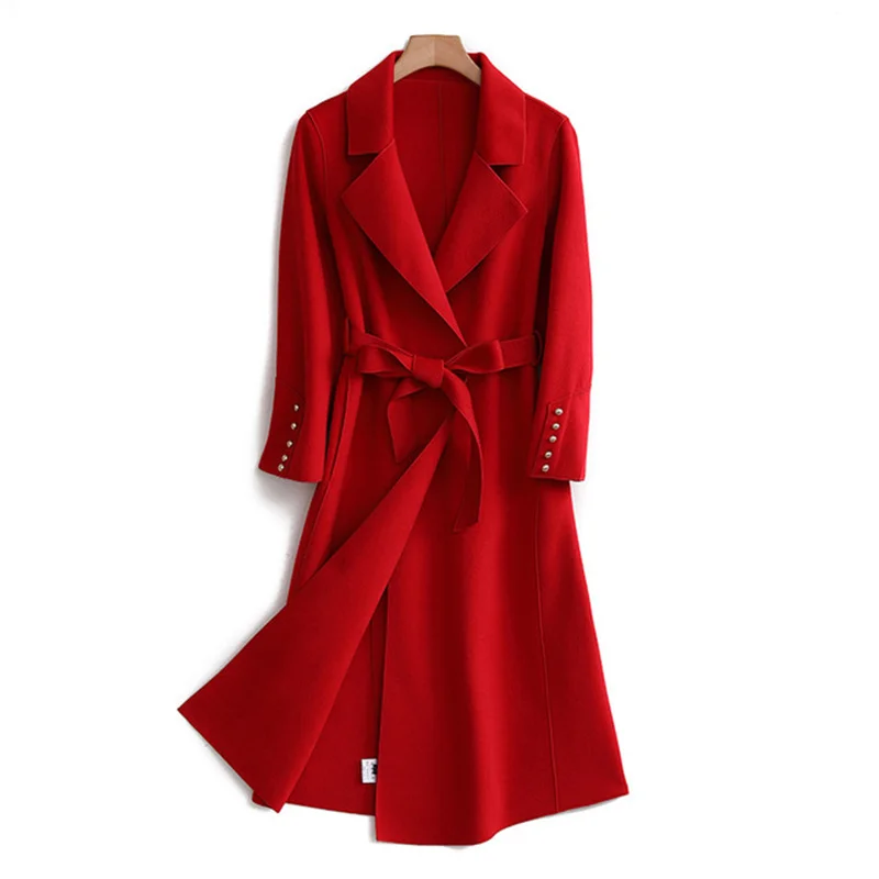 Женское шерстяное пальто однотонное Свободное с поясом Тонкий Повседневный