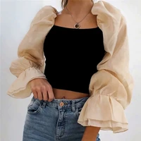 stylish sweet patchwork organza knitted blouses women fashion see through sleeve stretch female shirts party chic blouses