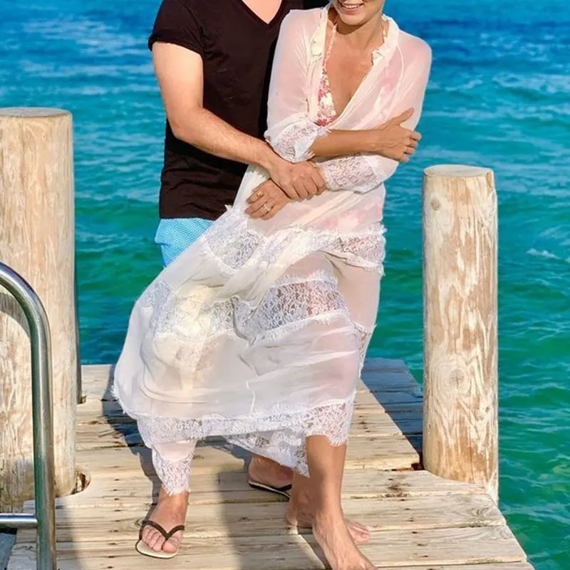 

Sexy White Lace Beach Dress Women Summer Long Sleeve Swimsuit Cover Up Hollow V Neck Cover Up Beach Wear See Through Bikini