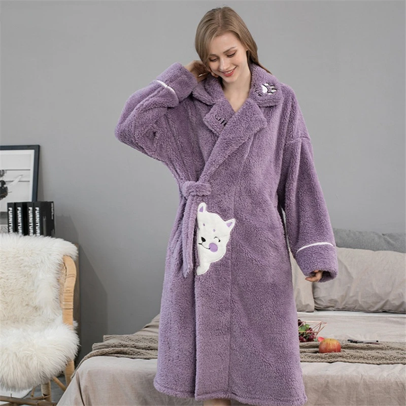 New Woman Robe Pajamas Loose Thicking Flannel Sleepwear Long Sleeve Elegant Warm Winter Nightdress Casual Sleepwear