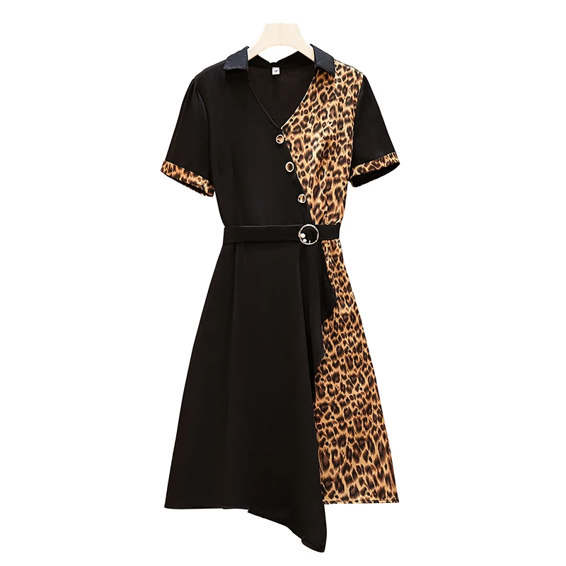 

L-5XL 2021 New Hit Summer Leopard Print Patchwork Dress For Women Short Sleeves Vintage Asymmetrical Dresses Female Clothing
