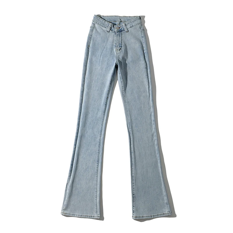 

Summer new style street fashion solid color high waist jeans for women, stretch tight-fitting micro flared long jeans for women
