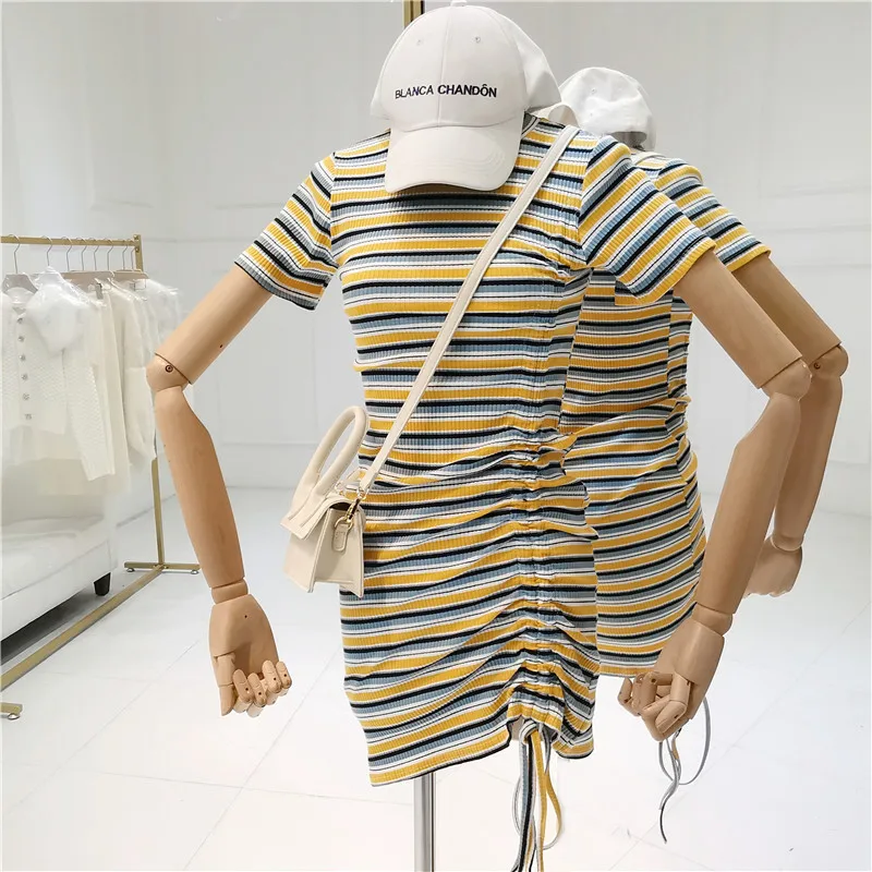 Yellow Stripe Летнее Новое модное женское сексуальное платье с круглым вырезом и коротким рукавом обтягивающее облегающее платье с завязками короткое Клубное платье Vestidos - Цвет: Yellow Stripe