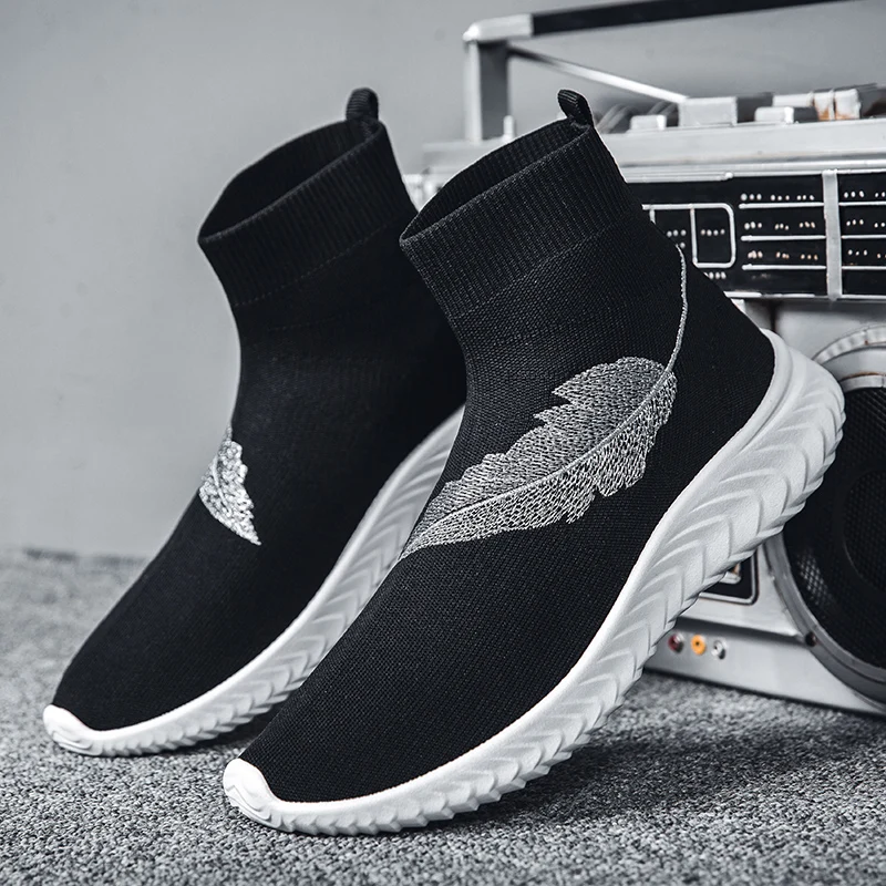 

Spring New Flying Woven Men's Shoes Casual All-match Black High-top Shoes Flat Shoes Breathable Comfortable Sports Shoes