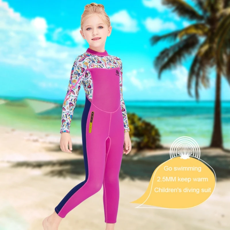 

2.5mm Children's Swimwear Girls Context Long-sleeved Warm Swimney Outdoor Defending Sunscreen Diving Clothes New Style