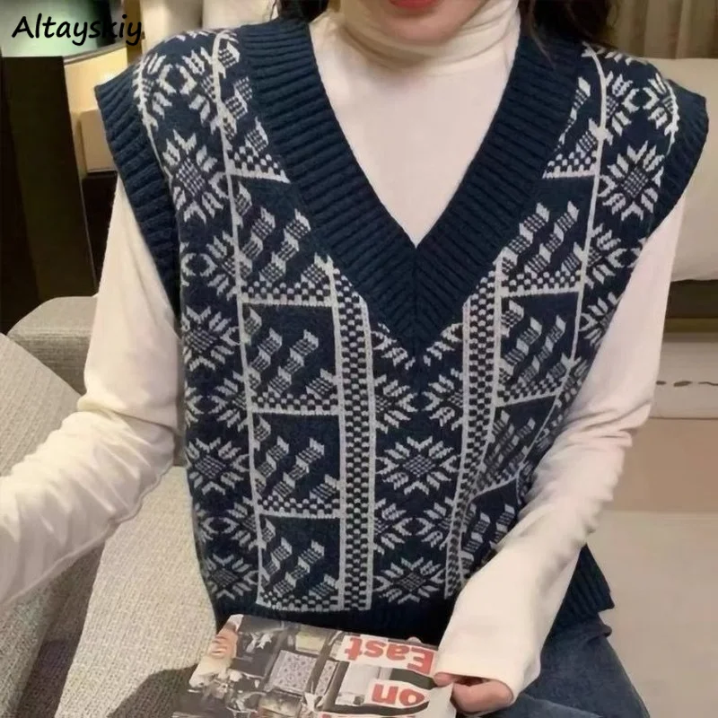

Patchwork Women Sweater Vests Fashion Vintage V-neck Elasticity Sleeveless Knitted Sweaters Students All-match Vest Casual Chic