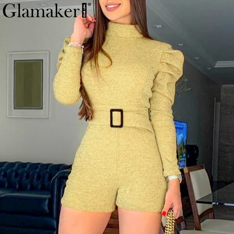 Женский трикотажный комбинезон Glamaker желтый облегающий короткий с пышными