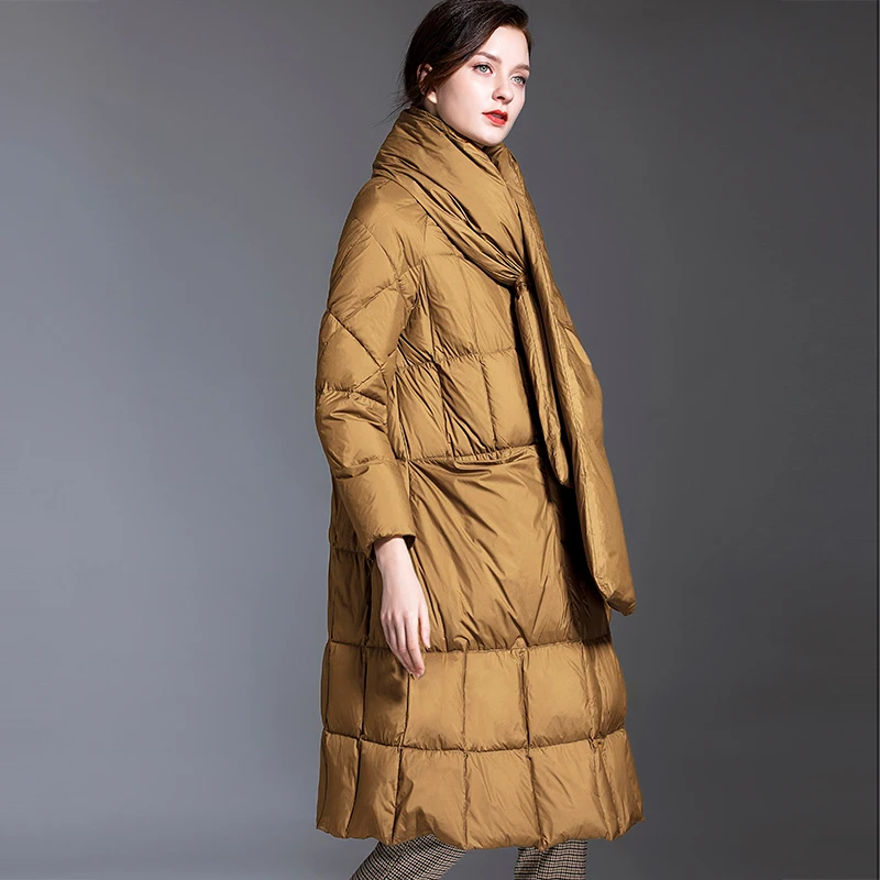 Style Korean Women Stand Coats Collar With Scarf Jackets White Down Duck Warm Khaki Outwear Oversize Loose Long Parkas 2021