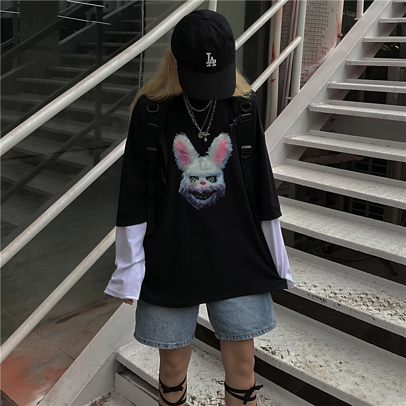 Lychee Harajuku, о-образный вырез, Лоскутная женская футболка, длинный рукав, Поддельные 2 штуки, осенние женские футболки, принт с темным Кроликом, женская футболка
