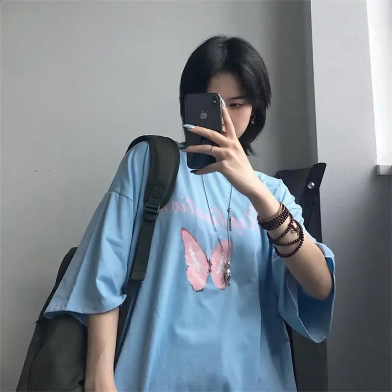

Women's T-shirts Tops Japanese Kawaii Ladies Ulzzang Lazy Loose Butterfly T-shirt Female Korean Harajuku Clothes For Women