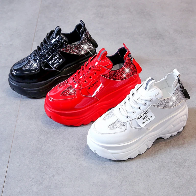 Женские Блестящие Кроссовки повседневная обувь на платформе шнуровке молнии