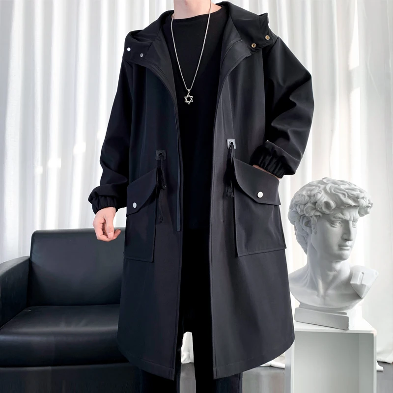 Тренчкот мужской модное пальто повседневное приталенное однотонное длинное