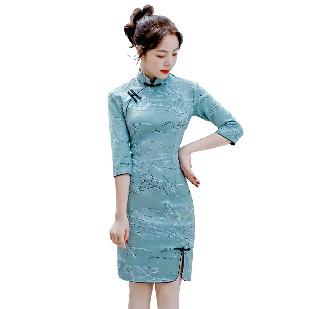Шанхай история колено длина мода Cheongsam 3/4 рукав бархат Китайский Qipao