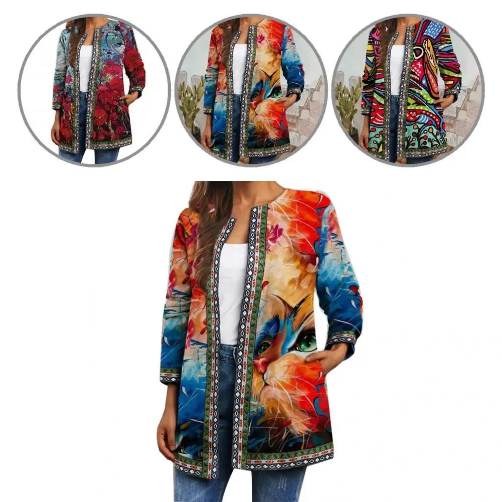

Women Jacket Floral Print Round Neck Open Stitch Coat Coat Temperament