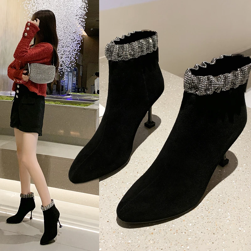 

Женские ботильоны на молнии сзади, с украшением из кристаллов и острым носком, на высоком тонком каблуке 8 см, 2021