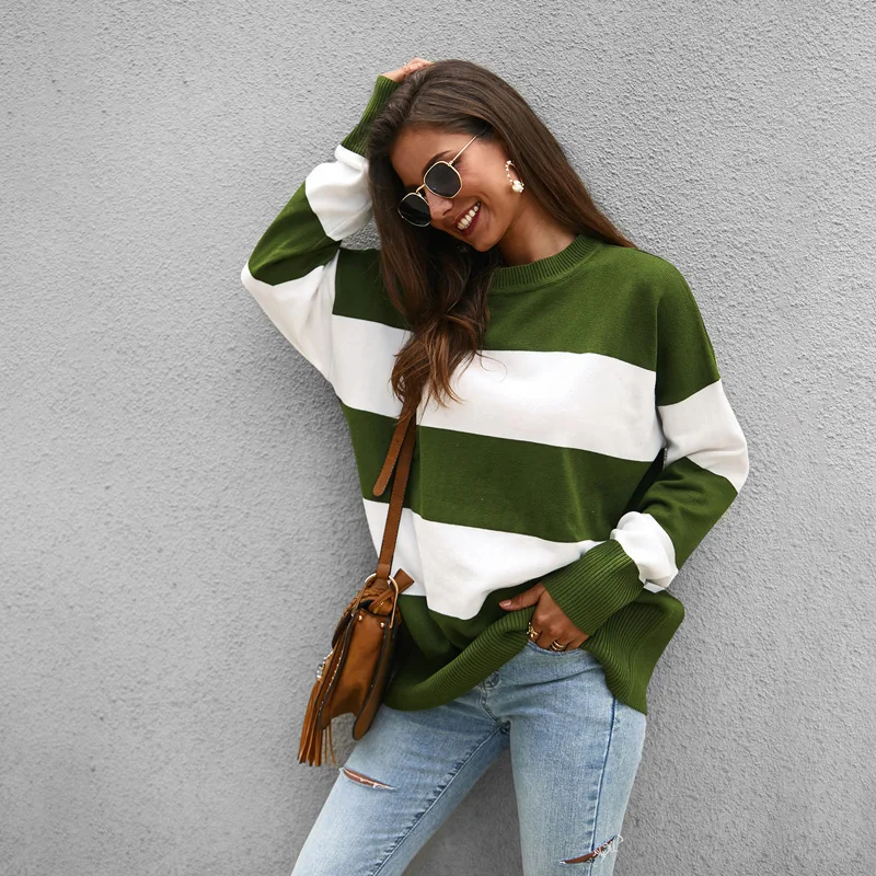 Новинка 2019 Осенний вязаный свитер Повседневный длинный рукав в полоску