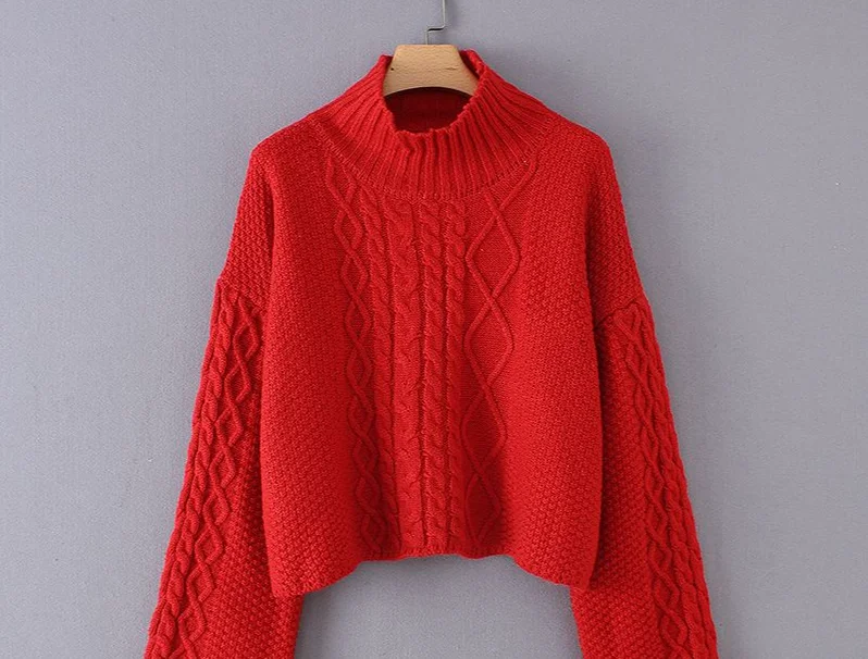 

Autumn and Winter Green Red White Long Sleeve Short Sweater High Quality Casual Woven Twist Semi-high Collar Temperament Woman