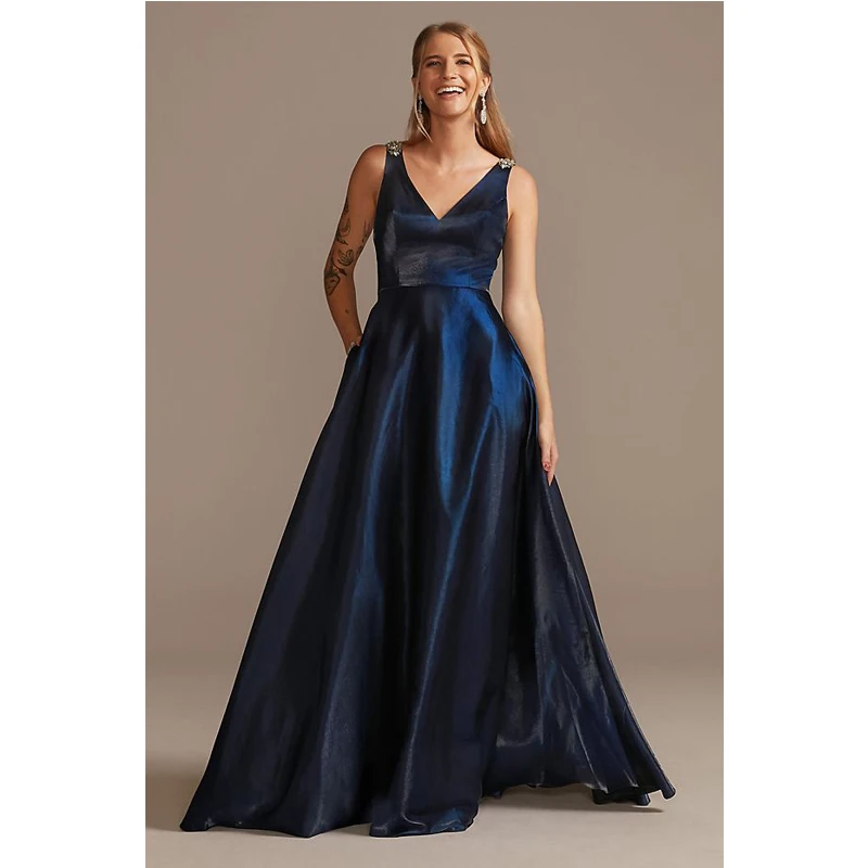 

Floor-Length V-Neck Satin Ball Gown with Crystal Strap Details Navy Blue Sleeveless Backless Elegant Prom Wear Dress for Women