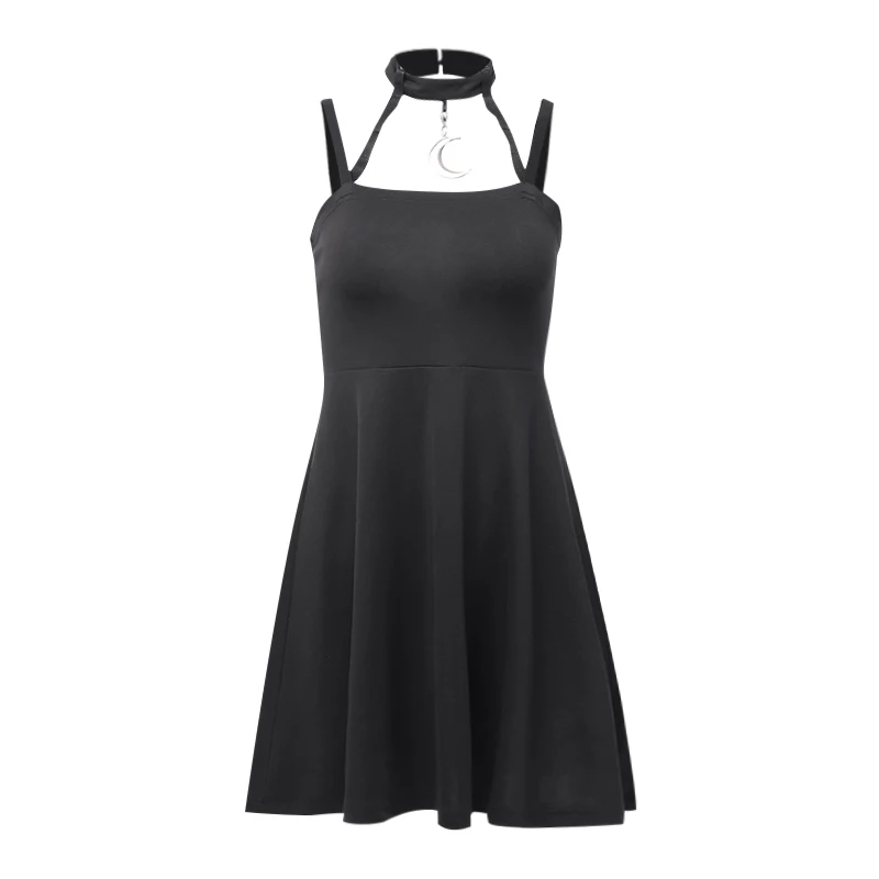 

Summer Punk Halter Strap Dresses Women Gothic High Waist Sleeveless Dress Black Knitted Stretch Hollow Out Slim Party Mini Dress