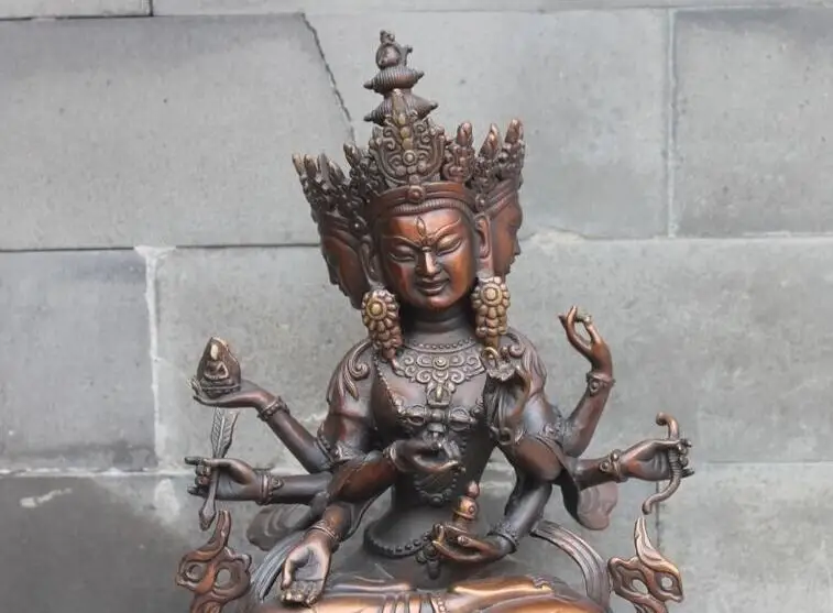 Тибетская красная Бронзовая статуя Будды с 3 головами и 8 руками Ushnishavijaya Namgyalma