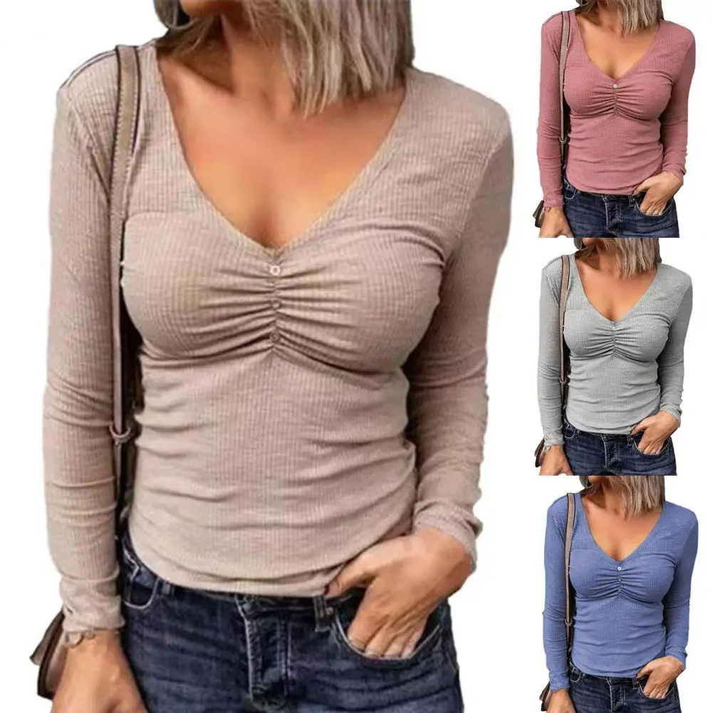 

Women's Tops Casual Tees Lady V Neck Ribbing T-Shirt Solid Color Pullover Slim Fit Long Sleeve Female Blouse for Daily Wear